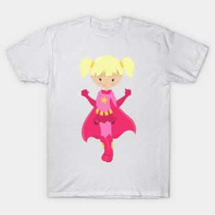 Superhero Girl, Blonde Hair, Pink Cape, Cute Girl T-Shirt